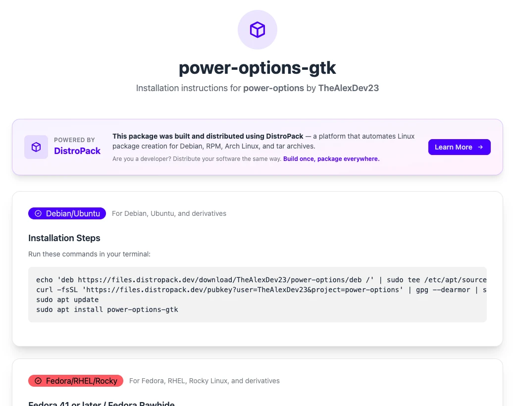 DistroPack install page for power-options-gtk