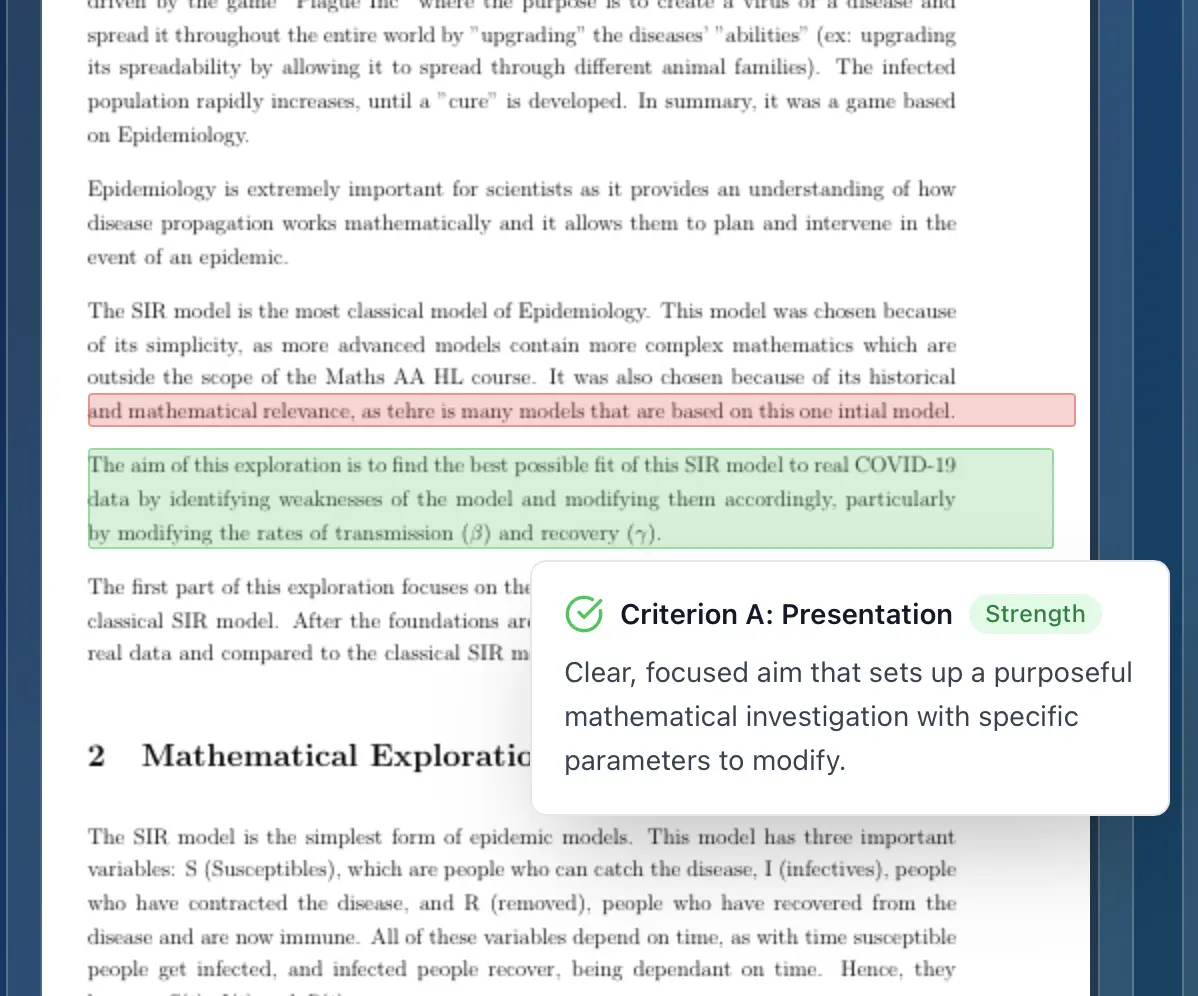 Marksy result: marks per criterion with highlighted evidence in the draft