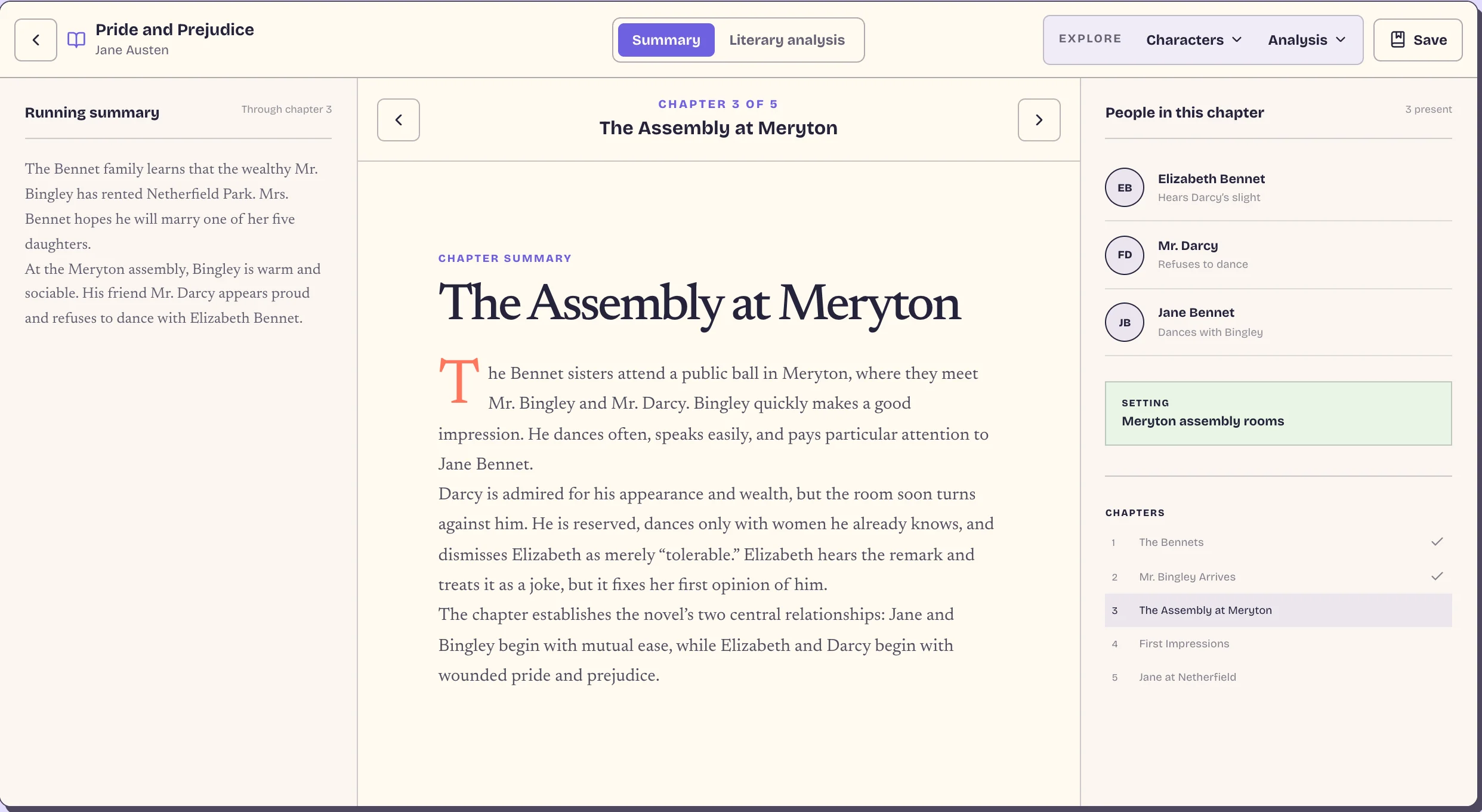 Summarsky reader with the running summary, the chapter summary and the characters
